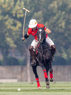 A Hong Kong polo player executing a forehand shot at the ball during a Hong Kong polo tournament.